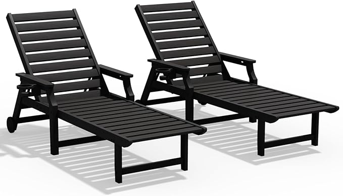 5-Position Adjustable Patio Chaise Lounge - 78'' HDPE Outdoor Lounger with Rolling Wheels & Cup Holder, Longer, Wider, Higher - Perfect for Poolside & Deck, Black, 2pcs