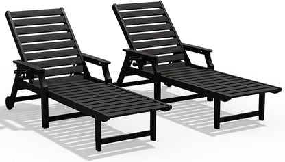 5-Position Adjustable Patio Chaise Lounge - 78'' HDPE Outdoor Lounger with Rolling Wheels & Cup Holder, Longer, Wider, Higher - Perfect for Poolside & Deck, Black, 2pcs