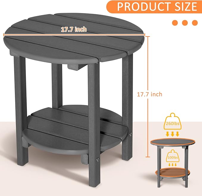Round Adirondack Outdoor Side Table, 17.7" Small Patio End Table, 2-Tier HDPE Plastic Table for Poolside Porch Garden, Weather Resistant & Easy Assembly(Grey)