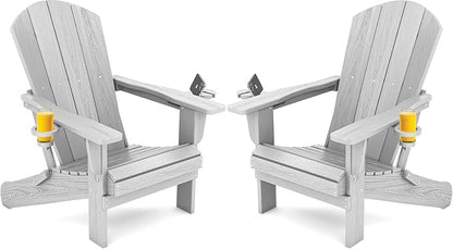 SERWALL Adirondack Chair with Cup Holders - Composite Adirondack Chairs Set of 2 HDPE Outdoor Chairs All Weather Use- Silver Gray