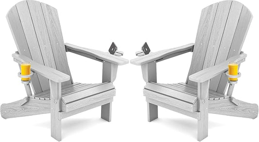 SERWALL Adirondack Chair with Cup Holders - Composite Adirondack Chairs Set of 2 HDPE Outdoor Chairs All Weather Use- Silver Gray