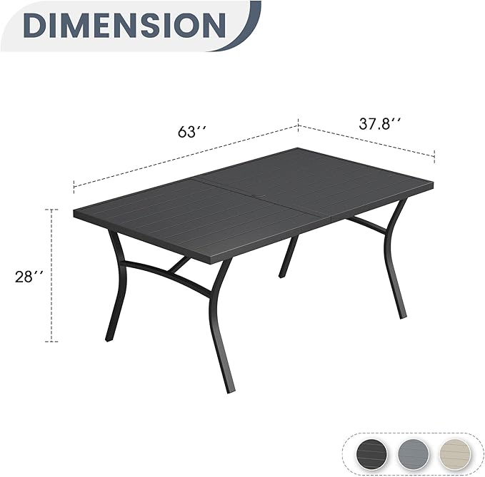 VICLLAX 63" Patio Dining Table for 6, Outdoor Rectangular Metal Table with Umbrella Hole for Porch Backyard Garden Deck - Photo 3