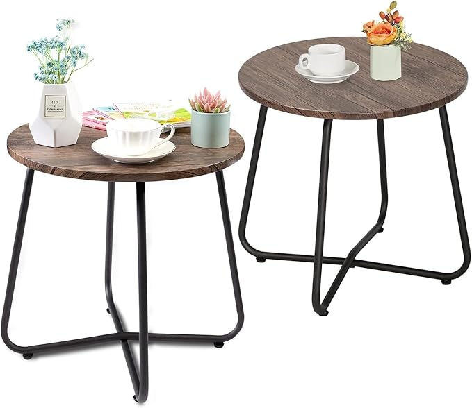 VECELO Patio Table,17.7" Small Round Outdoor Side Table,Wood Top with Anti-Rust Metal Frame Coffee Table for Garden Balcony,Yard,Bistro,Living Room