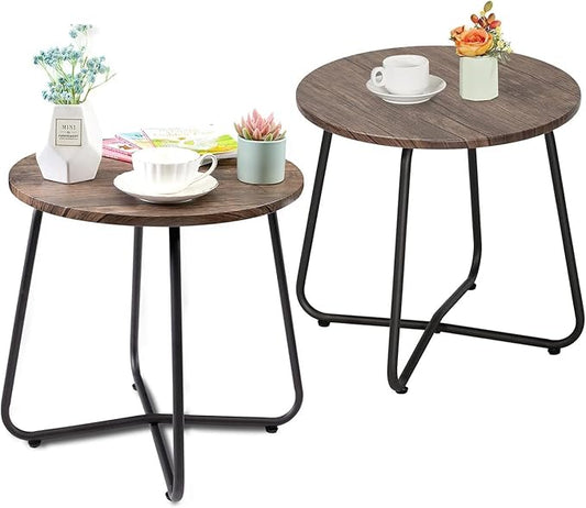 VECELO Patio Table,17.7" Small Round Outdoor Side Table,Wood Top with Anti-Rust Metal Frame Coffee Table for Garden Balcony,Yard,Bistro,Living Room