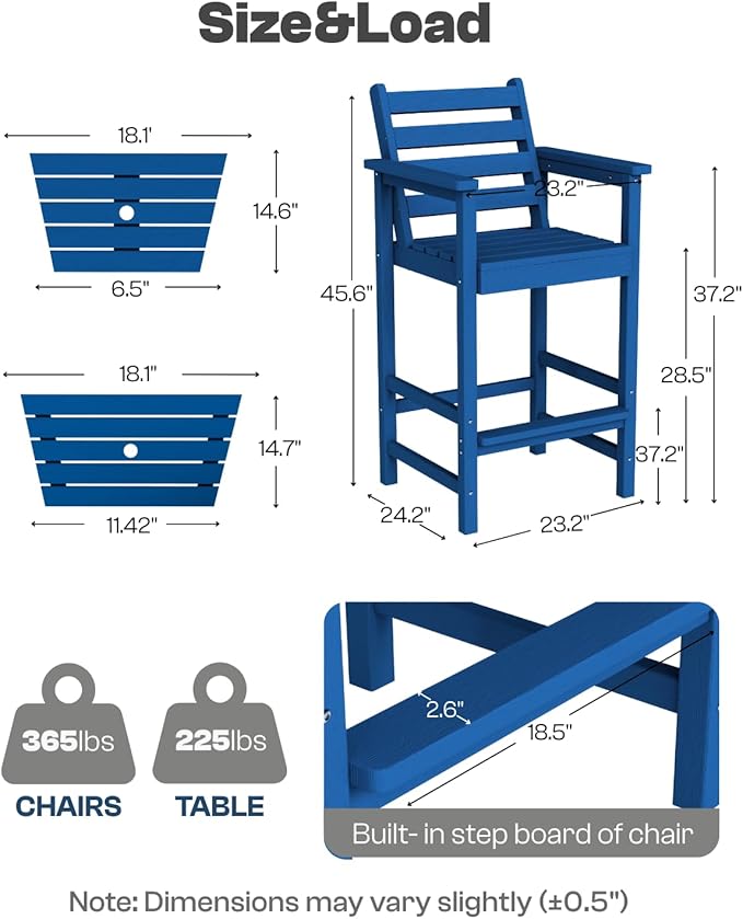 Tall HDPE Adirondack Bar Chairs Set of 2, Outdoor Balcony Bar-Height Chairs with Extra-Large Side Trays & 2" Umbrella Hole, All-Weather Patio Stools for Porch, Deck, Garden (Navy Blue, 2chair)