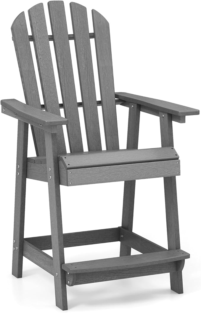Tangkula Outdoor Bar Stool, HDPE Tall Adirondack Chair with Armrest & Footrest, Weather Resistant 47 Inch Counter Height Barstool Lifeguard Chair for Pool Deck Patio Garden, Balcony Chairs (1, Gray)