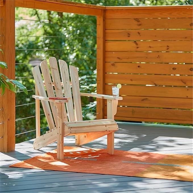 Pemberly Row Traditional Cedar Wood Patio Porch Adirondack Chair, Beige Finish, Ergonomic Design with Contoured Seat and Wide Arms, 36" H x 35" W x 26.25" D, Outdoor Furniture for Relaxation