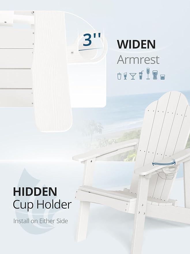 LUE BONA HDPE Adirondack Chair Set of 1 - Weather Resistant Outdoor Seating with Cup Holder for Porch, Poolside - Photo 4
