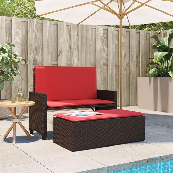 Patio Bench with Cushions and Footstool Brown Poly Rattan Garden Bench Park for Garden Lawn