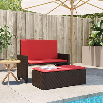 Patio Bench with Cushions and Footstool Brown Poly Rattan Garden Bench Park for Garden Lawn