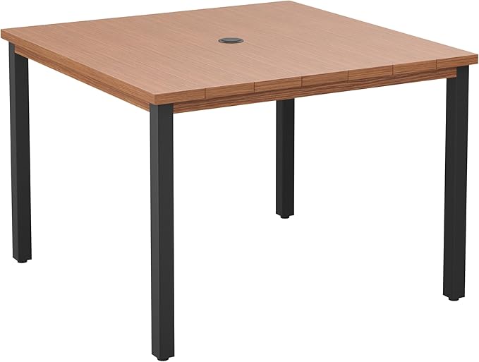 DIFY 40.2" Square Outdoor Dining Table for 4, Slatted Metal Patio Table with Adjustable Umbrella Hole, All-Weather Patio Dining Table for Garden Backyard Deck, Walnut Tabletop