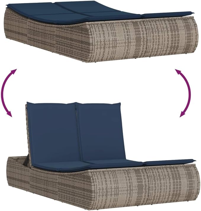 vidaXL Patio Double Sun Lounger with Cushions, Outdoor Chaise Lounge Chair for Beach Pool, Daybed, Sunbed, Modern Style, Gray Poly Rattan