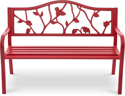 50" Outdoor Garden Bench, Cast Iron Metal Outdoor Benches Weatherproof with Artistic Strawberry Backrest, Red Patio Bench for Porch, Backyard, Lawn