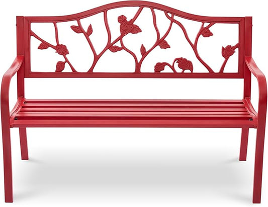 50" Outdoor Garden Bench, Cast Iron Metal Outdoor Benches Weatherproof with Artistic Strawberry Backrest, Red Patio Bench for Porch, Backyard, Lawn