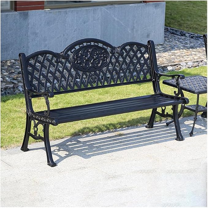 Outdoor Bench Chair Cast Aluminum Park Bench Large All Weather Metal Garden Bench for Backyard Porch Lawn (150cm Black Bench)