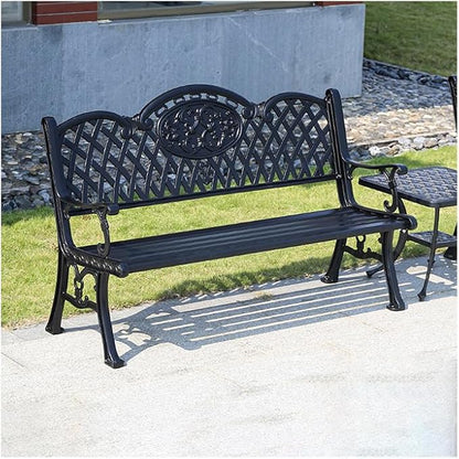 Outdoor Bench Chair Cast Aluminum Park Bench Large All Weather Metal Garden Bench for Backyard Porch Lawn (150cm Black Bench)