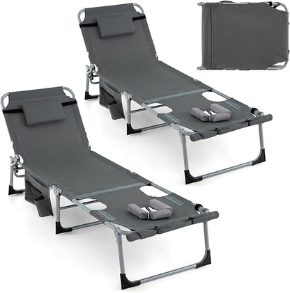 GYMAX Tanning Chair, 330LBS Beach Lounge Chair with Face Arm Hole & Hand Shoulder Strap, Folding Layout Sunbathing Chair, Face Down Outdoor Chaise Lounger for Patio, Poolside, Lawn, Backyard (2, Grey)