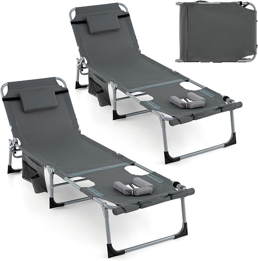 GYMAX Tanning Chair, 330LBS Beach Lounge Chair with Face Arm Hole & Hand Shoulder Strap, Folding Layout Sunbathing Chair, Face Down Outdoor Chaise Lounger for Patio, Poolside, Lawn, Backyard (2, Grey)