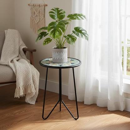 LIFFY Patio Side Table, 12" Outdoor Metal Side Table with Glass Top, Indoor Round Accent End Table for Living Room or Bedroom, Small Decorative Plant Stand Table for Garden Yard Balcony