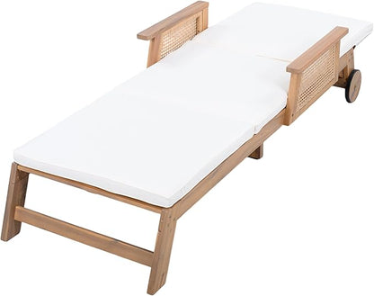 Merax 3-Pieces Retro Acacia Wood Outdoor Chaise Lounge with Wheels & 3-Position Adjustable Backrest, Vintage Wicker Sun Lounger with Plush Removable Cushion for Patio, Garden & Poolside, Acacia Wood