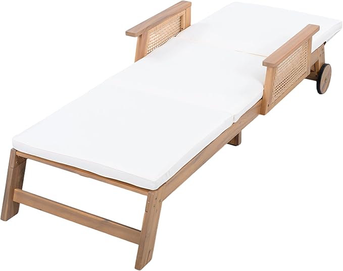 Merax 4-Pieces Retro Acacia Wood Outdoor Chaise Lounge with Wheels & 3-Position Adjustable Backrest, Vintage Wicker Sun Lounger with Plush Removable Cushion for Patio, Garden & Poolside, Acacia Wood