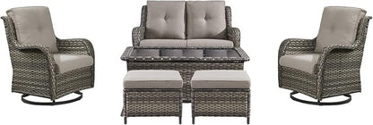 Patio Furniture Swivel Chairs Set - 6 Piece Wicker Rattan Outdoor Sectional Conversation Sets with 2 Swivel Rocking Chairs,2 Ottomans,1 Loveseat and 1 Coffee Table for Porch Deck(Mixed Grey/Grey)