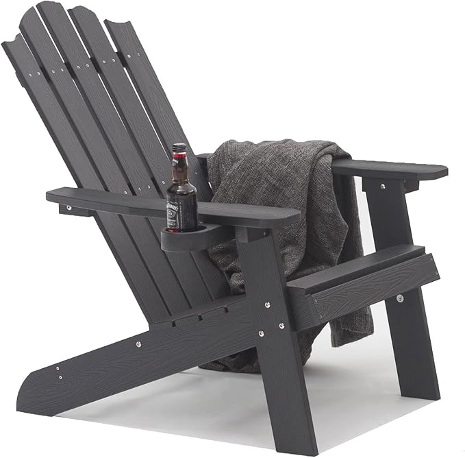 Melucivi Adirondack Chair Weather Resistant with Cup Holder, Fire Pit Chair Patio Outdoor Garden Resin Adirondack Chair for Adult, Black with Wood Grain