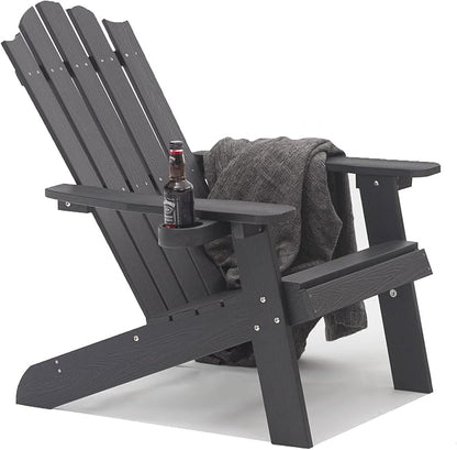 Melucivi Adirondack Chair Weather Resistant with Cup Holder, Fire Pit Chair Patio Outdoor Garden Resin Adirondack Chair for Adult, Black with Wood Grain