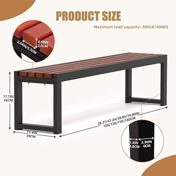 Outdoor Garden Bench with Wooden Seat & Iron Frame, All-Weather Outside Benches Heavy Duty Patio Bench for Lawn Porch Yard Park, 880lb Capacity 15.4×17.7in (WxH) Easy Assembly 70.86x15.4x17.7IN
