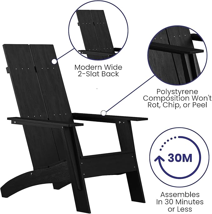 Flash Furniture Set of 2 Sawyer Modern 2-Slat Back Adirondack Chairs - Black All-Weather Poly Resin Lounge Chairs