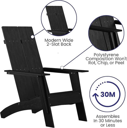Flash Furniture Set of 2 Sawyer Modern 2-Slat Back Adirondack Chairs - Black All-Weather Poly Resin Lounge Chairs