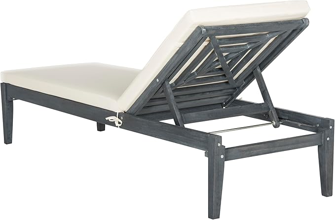 SAFAVIEH Outdoor Collection Arcata Ash Grey Solid Wood/Beige Cushion Adjustable Chaise Lounge Chair (PAT6730B)