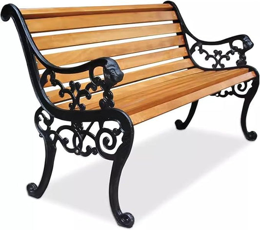Metal Garden Bench, Cast Iron and Wood Park Bench with Backrest and Armrests, Comfortable Natural Slatted Wood Seat, for Indoor, Outdoor, Patio, Park(A,59 * 22.8 * 30.7"/150 * 58 * 78cm)
