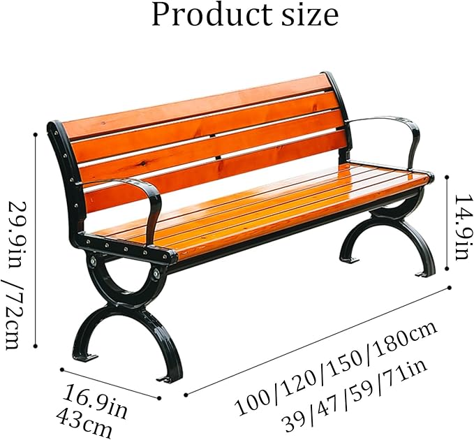 Outdoor Garden Benches, Metal Garden Bench, 2-3 Person Seat Loveseat Chairs Patio Bench Chair with Backrest,Solid Wood slatted seat and Galvanized Frame,300kg Weight Capacity(180x43x72cm)