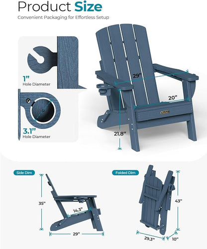 Folding Adirondack Chair 4 Pack, HDPE All-Weather Fire Pit Chairs, Plastic Adirondack Chairs with 2 Cup Holder, Outdoor Lawn Chair for Patio Garden (New Blue)