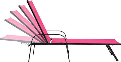 DUMOS 5-Position Foldable Adjustable Chaise Lounge Chair with Armrests, Sturdy Metal Frame Outdoor Sun Recliner for Patio, Backyard, Poolside, Rose Pink