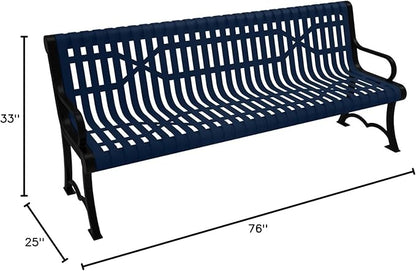 COATEDOUTDOORFURNITURE Heavy-Duty Outdoor Bench Thermoplastic Coated, Slated Steel, Commercial-Grade Garden Bench, Made in America (Portable with Back, 6 Ft, Textured Dark Blue)