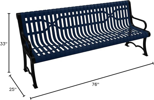 COATEDOUTDOORFURNITURE Heavy-Duty Outdoor Bench Thermoplastic Coated, Slated Steel, Commercial-Grade Garden Bench, Made in America (Portable with Back, 6 Ft, Textured Dark Blue)