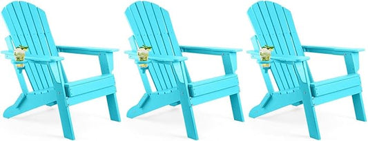 FUNBERRY Folding Adirondack Chair Set of 3, All Weather HDPE Fire Pit Chairs with Cup Holder for Outdoor