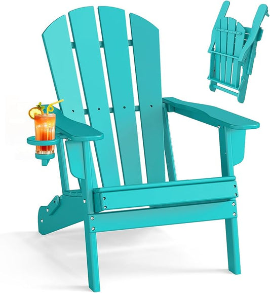 BRIOPAWS Folding-Adirondack-Chair | HDPE Plastic | Fire Pit Chairs | Cup Holder | Curved Back | All Weather | for Outdoor Backyard Deck Patio | Aqua