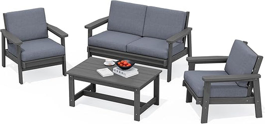 SERWALL 4 Piece HDPE Outdoor Furniture Set, All Weather Wood-Like Outdoor Sofa Sectional Couch, Grey Patio Furniture Set with Grey Cushions