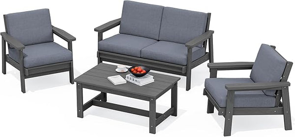 SERWALL 4 Piece HDPE Outdoor Furniture Set, All Weather Wood-Like Outdoor Sofa Sectional Couch - Photo 1