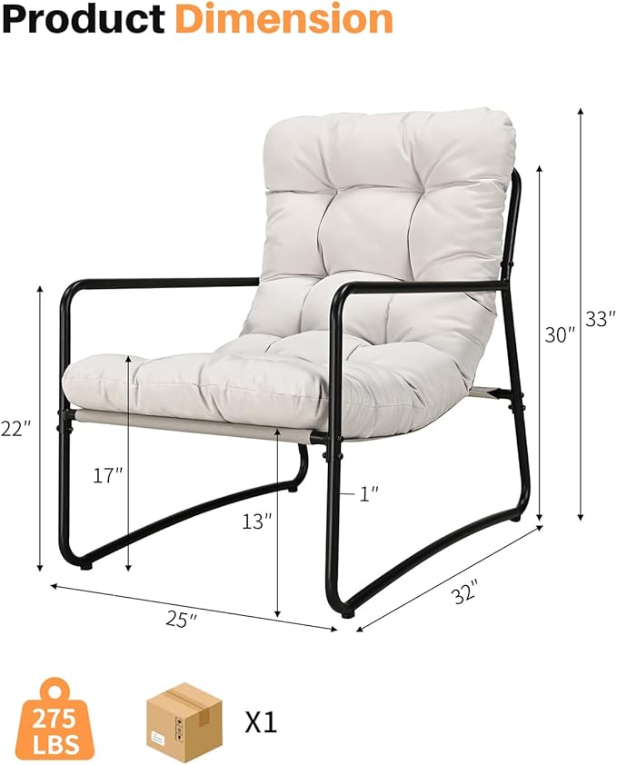 Patio Accent Chair, Modern Metal Outdoor Lounge Chair, Comfy Outdoor Accent Chair with Padded Seat, All Weather Outdoor Patio Chair for Living Room, Apartment, Bedroom, Poolside, Off-White