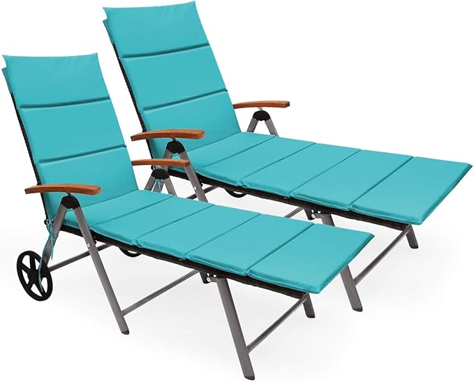 COSTWAY 2 PCS Folding Rattan Lounge with Wheels, Aluminum Patio Lounger with 7 Adjustable Positions, Soft Cushion, Ideal for Outdoor Use (Turquoise)