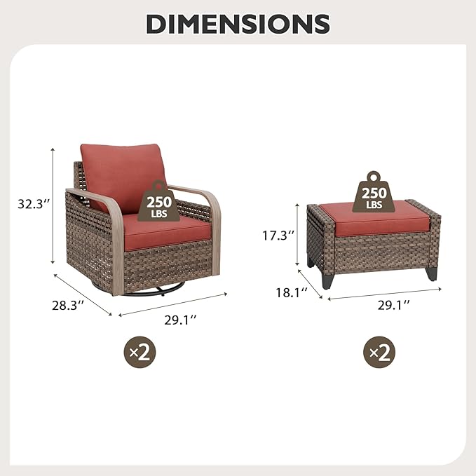 EAGLE PEAK Modern Wicker Outdoor Glider Rocking Chair, Swivel Rocker, Rattan Patio Furniture for Yard Deck Porch Garden, 2 Chairs 2 Ottomans, 4 Piece, Brown/Red