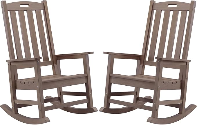 Psilvam Oversized Outdoor Rocking Chair Set of 2, Porch Rocker with 21" Wide Seat and 32" Tall Backrest, Pre-Assembled with Most Components for Effortless Installation (Brown)