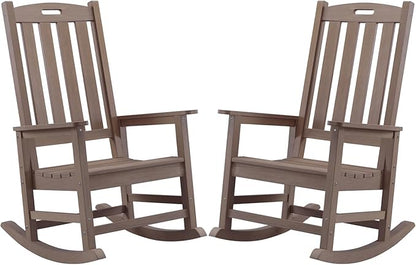 Psilvam Oversized Outdoor Rocking Chair Set of 2, Porch Rocker with 21" Wide Seat and 32" Tall Backrest, Pre-Assembled with Most Components for Effortless Installation (Brown)