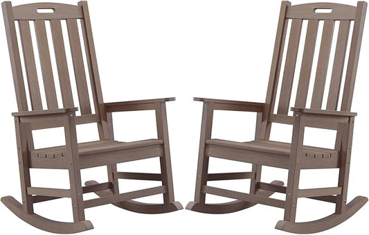 Psilvam Oversized Outdoor Rocking Chair Set of 2, Porch Rocker with 21" Wide Seat and 32" Tall Backrest, Pre-Assembled with Most Components for Effortless Installation (Brown)