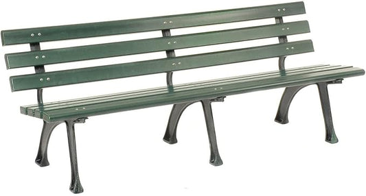 Global Industrial 6'L Outdoor Park Bench with Backrest, Recylced Plastic Slats, Wrought Iron Frame, 1985 lbs Capacity, Green, Surface Mount, Easy Assembly