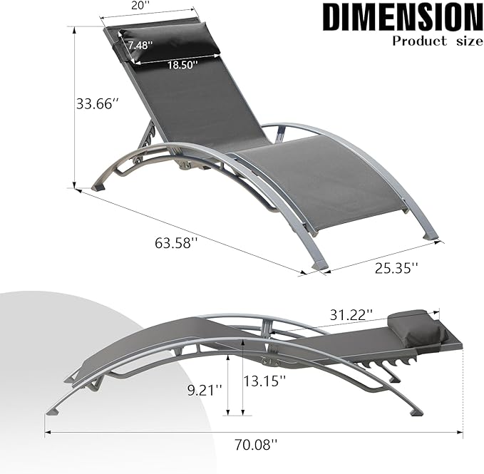 Domi Pool Lounge Chairs Set of 2, Adjustable Aluminum Outdoor Chaise Lounge Chairs, All Weather for Deck Lawn Poolside Backyard -Dark Grey Textilene